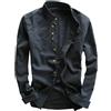 Getdoublerich Camicia da uomo a maniche lunghe slim fit, in cotone e lino, con colletto alla coreana, adatta per uso quotidiano e in ufficio (L blu navy)