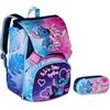 PRESTIGE & DELUXE Zaino Scuola Stitch Cute and Fluffy Abbraccio estensibile By Seven per elementari bambina + Astuccio zip ovale + 7 penne cancellabili, portachiave portachiave stitch e set scrittura in bicchiere