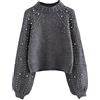 Juankrynord Maglione a collo alto lavorato a maglia grossa con strass da donna Elegante pullover lavorato a maglia a maniche lunghe impreziosito da perle Top da festa all'aperto (Grigio,XL)