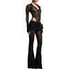 KBOPLEMQ Set da donna 2 pezzi, O nero, pantaloni svasati lunghi in pizzo floreale con top corto, O nero., XL