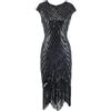 Vsadsau Abito da donna anni '20, con perline e paillettes, stile Art Deco Gatsby, per feste, matrimoni, abiti formali, Nero , XS