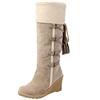 Generic Stivali alti al ginocchio da donna con tacco - Stivali invernali con calda imbottitura, con zeppa sopra il ginocchio, stivali lunghi con nappe, eleganti da donna in pile, beige., 41