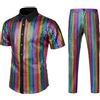 Generico Costume da Discoteca Anni '70 da Uomo con Maniche Corte Pantaloni a Zampa e Camicia a Righe Arcobaleno Abito da Festa Retrò Lgbt con Camicia Glitterata e Pantaloni Hippie
