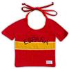 Zigozago - Bavaglino ricamato in Spugna di Cotone a forma di Maglia Calcio Spagna | Fatto a Mano | Personalizzabile con Nome | Chiusura: Laccetti | Misura: 30 x 22 cm | Colore: Rosso e Giallo