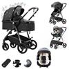Zkiprm Passeggino 3 in 1 Passeggino Con Seggiolino Auto Carrozzina Canna Per Tutte le Stagioni,stroller in Un Tasto Grandi Ruote Assorbente Gli Urti Passeggino Bebe Per Bambini Da 0 A 36 Mesi Nero