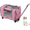 GDWD Borsa per il trasporto con ruote per gatti e cani, borsa per il trasporto con manico telescopico e ruote rimovibili, pieghevole, con trolley per cani e gatti di piccola taglia media (rosa)
