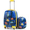 GYMAX Trolley Per Bambini, Set di Valigia & Zaino Scuola Carino (12+18, Auto)
