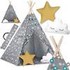 Nukido Tenda per bambini Tipi in cotone, cornice in legno, design incantevole, facile da pulire, 120 x 120 x 165 cm, luci grigie con stelle, 740120