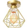 iDEGU Plafoniera Vintage E27 Lampadario Soffitto Industriale 16cm Paralume in Metallo Design Gabbia Diamanti Retrò E27 Lampada da Soffitto per Corridoio Camera da Letto Soggiorno (Gabbia B, Dorato)