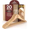 Eurocali 20 Grucce Appendiabiti in Legno Naturale per Vestiti Abiti Giacche Camicie - RealGruccia Barra porta Pantaloni Tacche Antiscivolo e Gancio Girevole 360° - Finitura Lucida e Profilo Smussato - 22x45cm