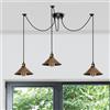 DC VOLTAGE Lampadario vintage retrò a 3 bracci, 195 cm, regolabile, con attacco a soffitto, E27, 60 W, paralume conico in metallo, luci a ragno per camera da letto (Rame spazzolato)
