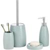 BM 6130 Set Accessori Bagno 4 Pezzi in Ceramica con Superficie Liscia e Linee Turchese - Dispenser, Portaspazzolino, Portasaponetta, Portascopino | Set da Appoggio Elegante per Arredo Bagno Moderno