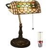 Uziqueif Lampada da Tavolo in Stile Tiffany,Lampada da Scrivania Vintage Banchieri in Vetro Macchiato con interruttore a catena e lampadine, per Soggiorno Camera da letto Ufficio Comodino,Verde