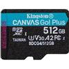 Kingston Canvas Go Plus microSDXC Scheda Di Memoria Gen4 200MB/s A2 U3 V30 512GB Confezione Singola Senza Adattatore-SDCG4/512GBSP