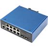 DIGITUS Switch di Rete - 10 Porte Gigabit Ethernet - 8X RJ45 + 2X SFP - IP40 - L2 gestito - 10/100/1000 Mbit/s - Montaggio su Guida DIN - Serie Industriale - Nero/Blu