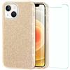 Mixroom - Custodia Cover per iPhone 15 + Pellicola Vetro temperato Case in TPU Morbido Oro con Brillantini Glitter 3 in 1