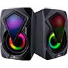 BAKAJI Set 2 Casse Speacker da Gaming per Pc con Luce LED RGB, Connessione USB 2.0, Connettività Bluetooth/Aux, Jack 3.5 mm, Coppia di Altoparlanti da Gioco, Suono Immersivo, Cavo 1,5 Metri, 12 W