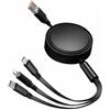 Generico Cavo Multi Ricarica 3 in 1 Retrattile 1.5 metri - USB-C, Micro USB, Supporto Dispositivi iOS, Fast Charge 30W, Universale (Nero)