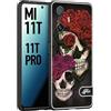 CUSTOMIZZA - Custodia cover nera morbida in tpu compatibile per Xiaomi Mi 11T - Mi 11T PRO teschi e rose rosse fucsia skull and roses