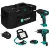 VONROC Set attrezzi a batteria VPower 20V. Include trapano, seghetto alternativo, lampada da lavoro LED, 1x batteria 2.0Ah, caricatore rapido e borsa (3 attrezzi 2x 2.0Ah)