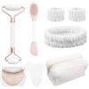 TaimeiMao 8 Pezzi Gua Sha Viso Kit, Guasha Viso Quarzo Rosa, Rullo Massaggio Viso, Pietra Gua Sha, Spazzola Detergente, Fascia, Borsa Cosmetica Rosa, Massaggiatore Viso, Regali Per Le Donne