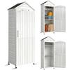 Outsunny Armadio da Giardino in Legno Alto, Casetta Porta Attrezzi da Esterno con Tetto Inclinato Zincato, Ripiani Regolabili, Prese d'Aria, Kit Antiribaltamento, 85x58x213cm, Finitura Goffrata Bianco