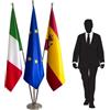 FLAGLAND Bandiere Europa, Spagna e Italia con aste e base. Bandiere per ufficio. Base 3kg. Bandiere in raso. Qualità PREMIUM ! Codice CN4-EU-IT-ES