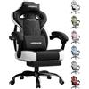 LUCKRACER - Sedia da gaming in tessuto, sedia da ufficio con braccioli collegati, cuscino in memory foam, angolo di inclinazione 90-155° e poggiapiedi, tessuto funzionale resistente, nero