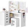 TRIUMPHKEY Toeletta da Trucco Angolare con Sgabello,Tavolo Trucco con Luci LED,2 Porta USB,5 Cassetti,Ripiani Aperti,Postazione Trucco per Camera da Letto,Moderno (Bianco)