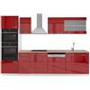 Vicco Cucina componibile R-Line, Rosso lucido, 300 cm con armadio alto, PL Rovere, con moduli disposti in modo variabile e piedini regolabili in altezza