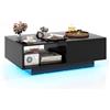RELAX4LIFE Tavolino da Caffè Moderno 95x55x31cm, con 20 Luci LED Regolabili e Telecomando, in Legno con Finitura Lucida, Cassetto a Pressione e Ripiano Aperto, per Soggiorno o Ufficio, Max 65kg (Nero)