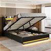 BHFFTHK Letto matrimoniale imbottito 160x200 cm con LED e spazio di archiviazione, testiera con USB e prese di corrente, letto a soffietto idraulico 160x200, struttura in PU-pelle nera, senza