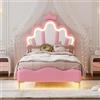 Huayz Letto imbottito 90 x 200 cm, letto da principessa a forma di corona, morbida imbottitura in pelle PU, striscia LED regolabile, letto a LED con griglia a doghe