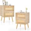 COSTWAY Set di 2 Comodini in Rattan e Legno Massello con 2 Cassetti