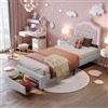 JYNVO Lettino da bambina 90 x 200 cm con illuminazione a LED, culla con testiera a forma di corona, letto con cassetti, letto per ragazze in pelle PU, letto per ragazzi, letto bianco, senza materasso