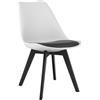 NMK HOME Sedia da pranzo bianca con cuscino nero - Seduta in plastica con rivestimento in similpelle e gambe nere in polipropilene, design moderno con contrasto elegante