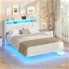 AOGLLATI Letto Matrimoniale 140x200 cm con Effetto Visivo Levitante, Struttura Letto con LED e Stazione di Ricarica, Letto con Testiera Imbottita e Struttura in Metallo, Senza Materasso, Bianco
