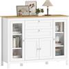 HOMCOM Credenza Cucina, Mobile Cucina con 2 Cassetti, 3 Armadietti, Piano d'Appoggio in Caucciù, Credenza Buffet con Ante a Vetro, Ripiani Regolabili, per Soggiorno Sala da Pranzo, 120x40x90cm, Bianco