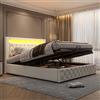 Rtopsu Letto Imbottito Letto Matrimoniale 160x200 cm con Testata a LED, Letti con Contenitore, Struttura Letti con Struttura Metallica Idraulica e Doghe in Legno, PU, Bianco, Senza Materasso