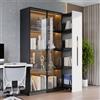 Kebnor Armadio multifunzione 110,5 × 35 × 160 cm - Vetrina con porta in vetro e LED, estraibile laterale, mobile - design in bianco e nero, armadietto alto in stile moderno, libreria, armadio da bagno