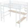 Azkoeesy Letto a soppalco in metallo con scrivania, 90 x 200 cm, letto per ragazzi, letto a castello, con somier e rete, protezione contro le cadute e scaffali, per adolescenti e adulti, colore bianco