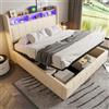 Ymkua Letto Imbottito Letto Matrimoniale 160x200 cm, Bed con LED Luce e USB-Port, Idraulica Struttura Bed frame con Contenitore Testata e Rete a Doghe in Legno, Lino, Beige, Senza Materasso