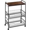 HOMCOM Carrello cucina 3 ripiani, 2 cestelli scorrevoli, Marrone rustico | 24 pollici Isola da cucina con ripostiglio, ganci laterali per sala da pranzo