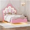 MASAJIA Letto per bambini imbottito 90 x 200 cm, letto per bambini con LED e testiera regolabile in altezza a forma di corona, letti singoli in PU per adolescenti e adulti, rosa (C)