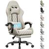 SOLAVERO Sedia Gaming Massaggiante in Tessuto Suédine, Poltrona Gaming Ergonomico con Supporto Lombare, Sedia Gamer con Poggiapiedi Telescopico, Portata 150kg, Beige