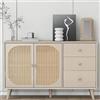 KOMHTOM Credenza beige con ante in rattan, mobile portaoggetti con 2 ante e 3 cassetti per soggiorno, camera da letto, sala da pranzo, corridoio (C)