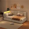 BSMGSGN Divano Letto Singolo 90x200 cm con LED, USB e 2 Cassetti, Letto Imbottito a L in Tessuto di Lino Beige, Letto con Contenitore Moderno e Funzionale per Camera da Letto, Senza Materasso