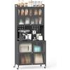COSTWAY Credenza Alta per Cucina con 6 Ripiani e 4 Ante a Ribalta Traslucide, Mobile Cucina con Ruote e Panello a Ganci, Armadio Cucina Porta Microonde, per Soggiorno (Grigio, 80 x 40 x 178 cm)