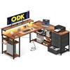 ODK Scrivania ad Angolo Reversibile con 2 Prese e 2 Porte USB, LED per Ufficio a Casa 135×110 cm (Marrone Vintage)
