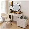 Vofikoli Toletta con specchio e illuminazione LED, toletta con coperchio in vetro, specchio rotondo tricolore con Smart Touch, tavolo da trucco moderno per ragazze e donne (bianco con sedia, 80 cm)